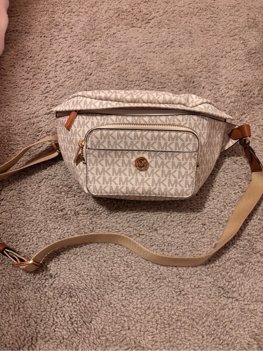 Michael Kors Cream Logo Crossbody Belt Bag with Tan Accents
